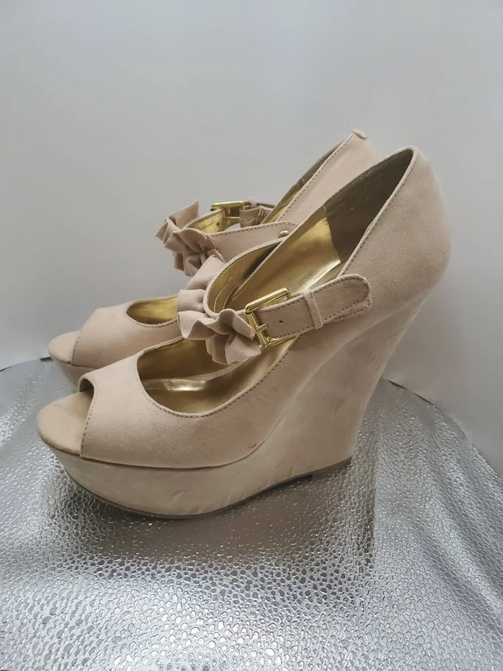 Blush Pink Suede Platform Wedge Heels with Ruffle Strap - Size 7.5